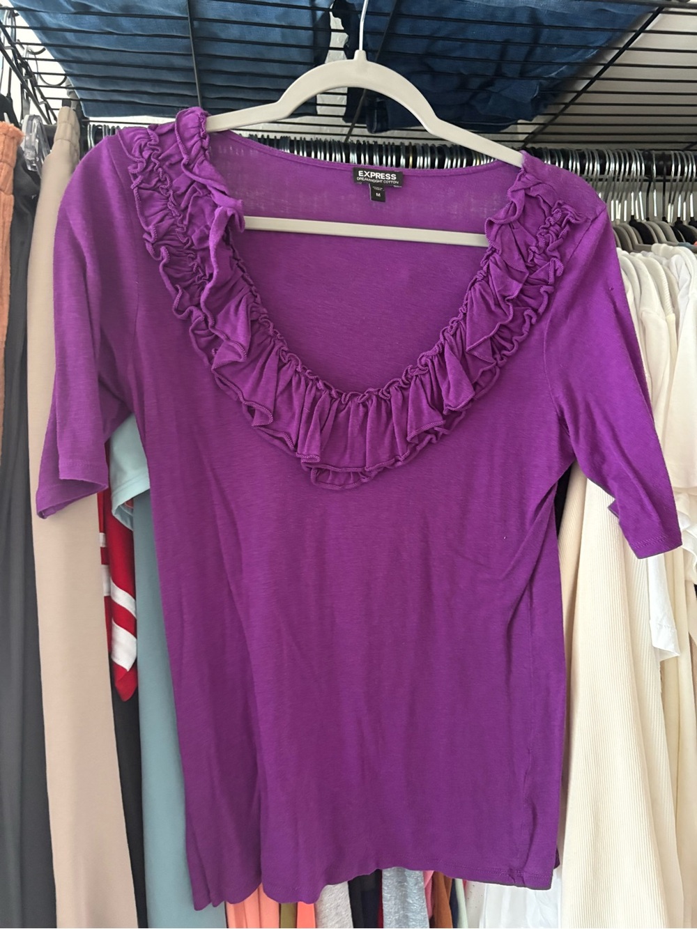 Express Purple Ruffle Scoop Neck Short Sleeve Top